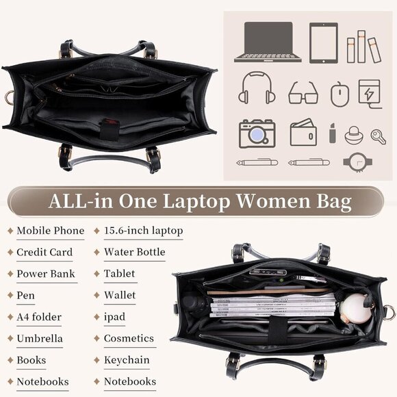 Laptop Bag for Women Black Waterproof Leather Work Bag for Office & Travel - Picture 3 of 7
